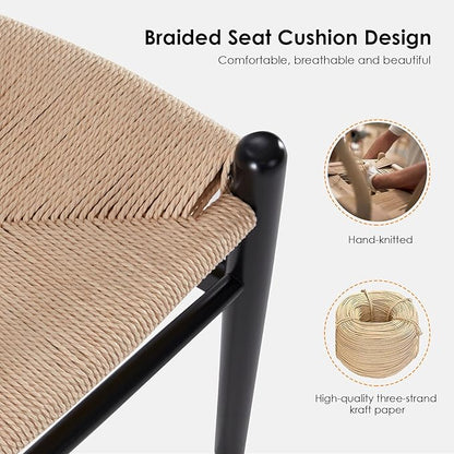 Modern Dining Chairs with Natural Weave Seat - Sturdy Construction Bar Stools for Kitchen Island, Versatile Use in Dining Room and Bedroom, Stylish Simple Design Comfortable Fully Assembled,Beige-Pape