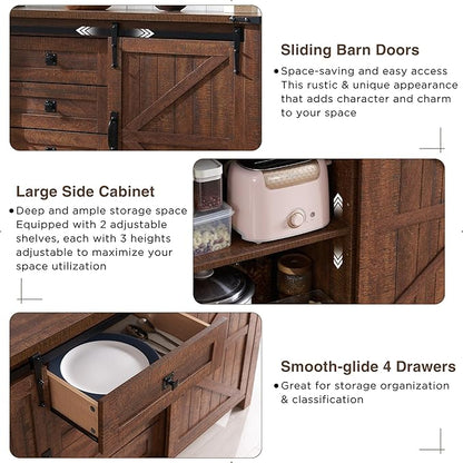 T4TREAM Farmhouse Sideboard Buffet Cabinet with Storage, 60" Large Kitchen Cabinet w/Sliding Barn Doors and 4 Drawers, 31.2'' Tall Rustic Wood Coffee Bar Table for Dining Room,Reclaimed Barnwood Color