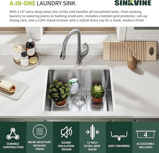24-inch Undermount Laundry Utility Sink - SINKVINE 24x19x13 Extra Deep Stainless Steel Single Bowl Basin with Drain Strainer, Bottom Grid & Drying Unit for Laundry Room, Outdoor, Garage, Kitchen Use