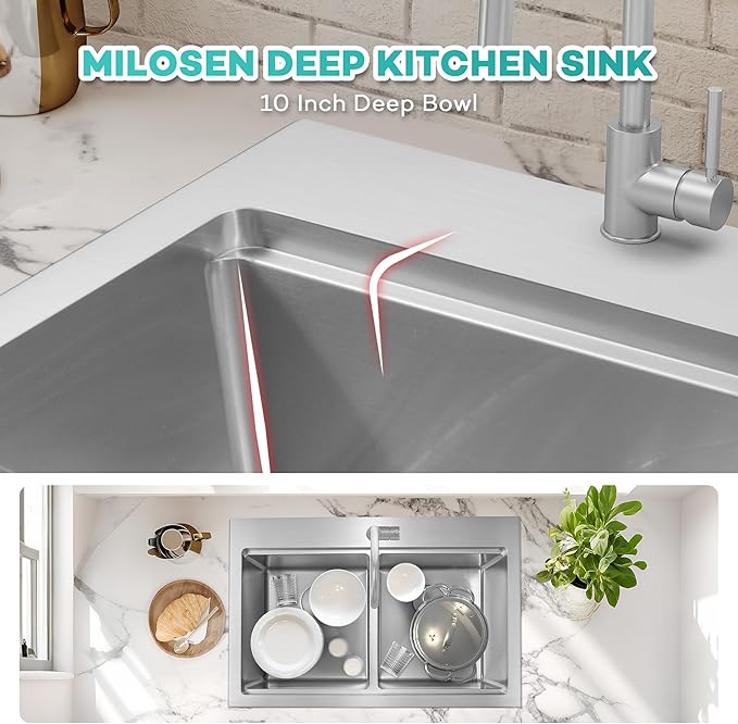 MILOSEN 26 Inch Double Bowl Kitchen Sink, 26''x22'' Drop in 16 Gauge T304 Stainless Steel Sinks, Workstation Sink 50/50 Topmount Double Basin with Accessories, 10'' Deep Laundry Outdoor Sinks