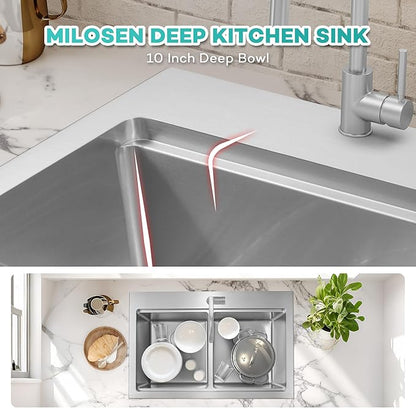 MILOSEN 26 Inch Double Bowl Kitchen Sink, 26''x22'' Drop in 16 Gauge T304 Stainless Steel Sinks, Workstation Sink 50/50 Topmount Double Basin with Accessories, 10'' Deep Laundry Outdoor Sinks
