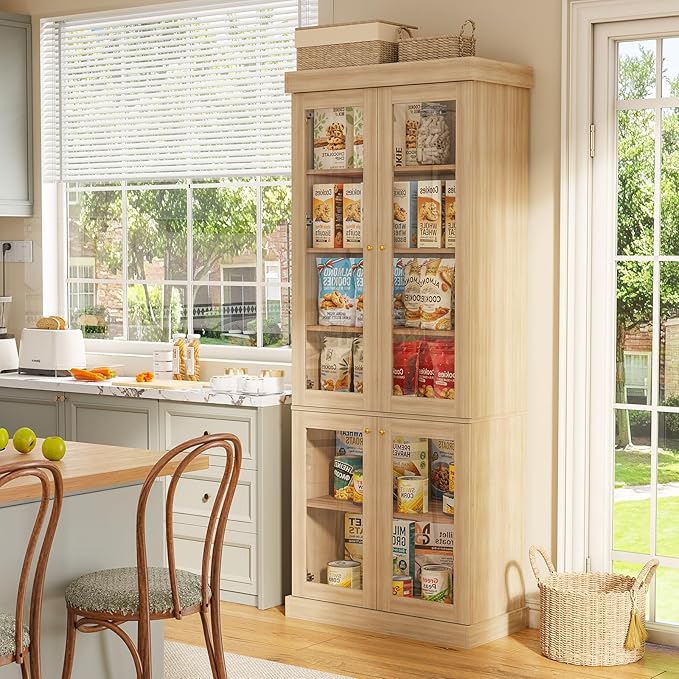 70.8" Tall Farmhouse Kitchen Pantry Cabinet with Glass Doors, Modular Storage Cabinet with 6-Tier Adjustable Shelves, Large Storage Cabinet for Kitchen or Living Room, Set of 2, Brown