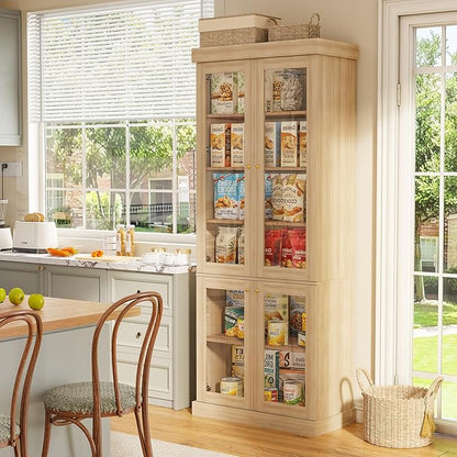 70.8" Tall Farmhouse Kitchen Pantry Cabinet with Glass Doors, Modular Storage Cabinet with 6-Tier Adjustable Shelves, Large Storage Cabinet for Kitchen or Living Room, Set of 2, Brown