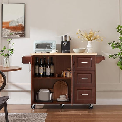 Modern Dining Table Expandable Kitchen Island with Drop Countertop Cabinet Tower Rack Rolling Cart Wheels Wood Console,Brown