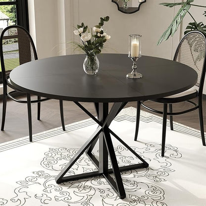 GarveeHome 47 Inch Round Dining Table for 4-6, Circle Kitchen Table with Pedestal Base, Farmhouse Wooden Dining Table for Small Spaces, Kitchen & Dining Room, Living Room-Black/Only Table