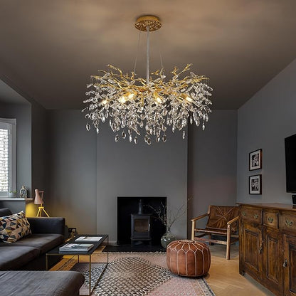 Tree Branches Chandeliers Luxury Round Crystal Pendant Light 8 Light Ceiling Hanging Light for Dining Room Bedroom Living Room Entryway Gold 23.7"