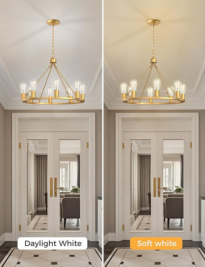 L LOHAS LED Gold Farmhouse Chandeliers for Dining Room, 8-Light Wagon Wheel Chandelier Over Table, Height Adjustable, 24" Dining Room Light Fixtures, Modern Chandelier for Kitchen Island Living Room