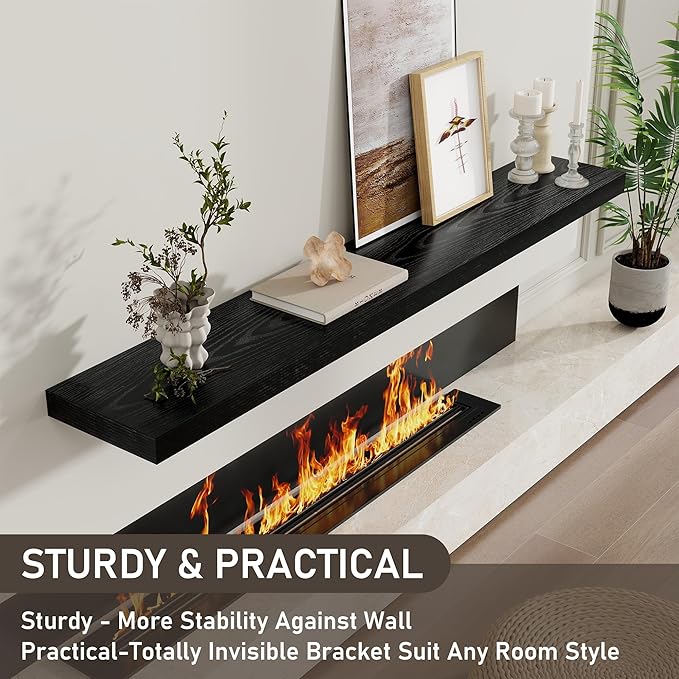 Floating Shelves for Wall, 66 Inch Floating Shelves Set of 2, Wall Mounted Rustic Wood Shelf for Bathroom, Living Room, Bedroom and Kitchen, Hanging Shelf for Storage, Books, Home Decor, Black