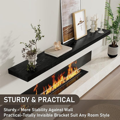 Floating Shelves for Wall, 66 Inch Floating Shelves Set of 2, Wall Mounted Rustic Wood Shelf for Bathroom, Living Room, Bedroom and Kitchen, Hanging Shelf for Storage, Books, Home Decor, Black