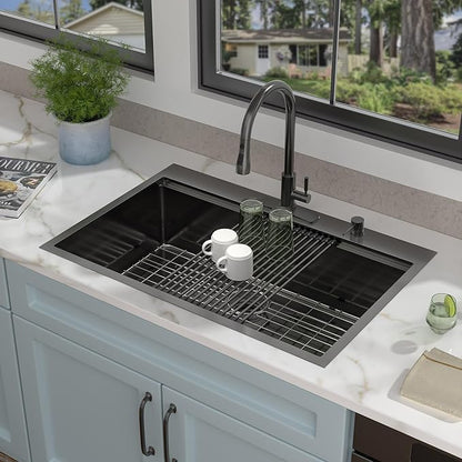 36"x22" Black Drop In Kitchen Sink – Gunmetal Black NANO-PVD, 16 Gauge 304 Stainless Steel, Ledge Workstation Deep Single Bowl Top Mount Sink Basin