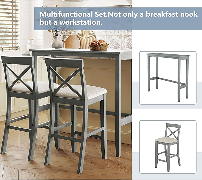 Farmhouse Rustic 3-Piece Counter Height Wood Kitchen Dining Sets, Home Bar Pub Kitchen Set, 48'' Long Bar Table with 2 Upholstery Chairs for Small Places