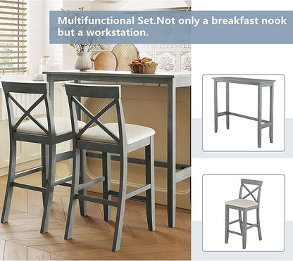 Farmhouse Rustic 3-Piece Counter Height Wood Kitchen Dining Sets, Home Bar Pub Kitchen Set, 48'' Long Bar Table with 2 Upholstery Chairs for Small Places