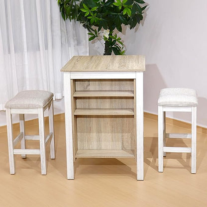 3-Piece Wooden Dining Table Set, Kitchen Island with Seating for 2, Kitchen Bar Table with Stools, Counter Height Dining Table Set, Weathered Birch & Antique White, Farmhouse Style