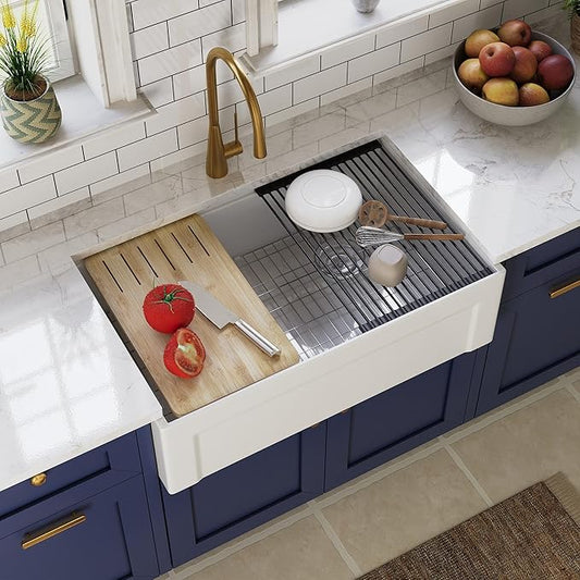 DeerValley 33" L x 20" W White Farmhouse Workstation Sink, Reversible Fireclay Deep Single Bowl Apron Front Kitchen Sink, Undermount Farm Sink with Ledge and Accessories