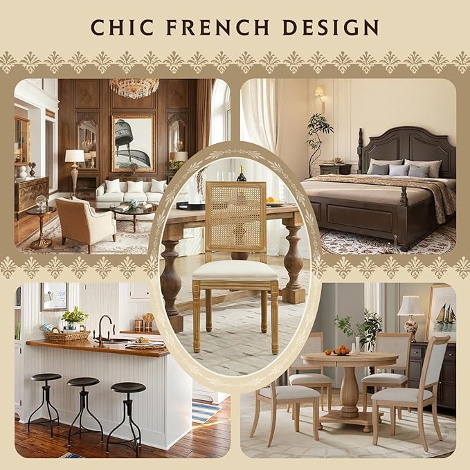 SoarFlash French Dining Chairs Set of 6, Vintage Dining Chairs with Rattan Backrest, Wooden Framehouse Chairs for Living Room, Kitchen, Restaurant, Beige