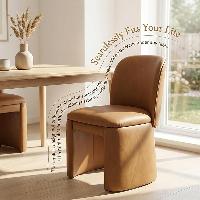 Hyfirm Modern Upholstered Dining Chairs Set of 2, Faux Leather Accent Side Dining Chairs Armless Kitchen Chairs with Curved Back Parsons Chairs for Kitchen Dining Room Living Room, Brown