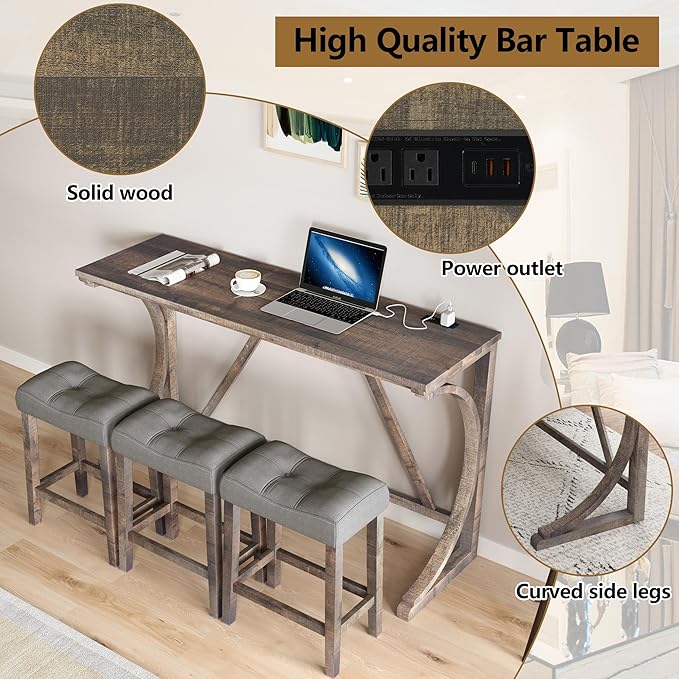 Betoko Counter Height Table Set with Stools, Breakfast Nook Bar Set, Dining Room Table and Chairs, Outlet Included, Brown Yellow
