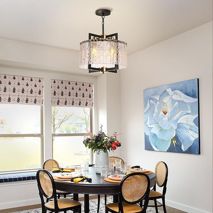 Black Chandeliers for Dining Room,16" Modern Water Ripple Glass Chandelier, Adjustable Height, Elegant Round Crystal Pendant Light Fixture for Kitchen Island Foyer Entryway