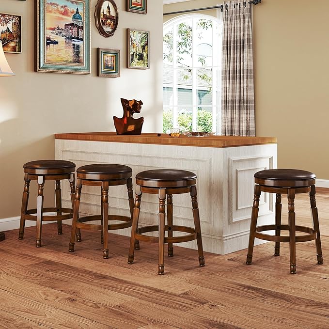 Giantex Swivel Bar Stools Set of 2, 24" Counter Height Bar Stools w/Faux Leather Padded Seat, Footrests, Solid Wooden Frame, Farmhouse Backless Barstools for Kitchen Island, Pub, Dining Room, Cafe