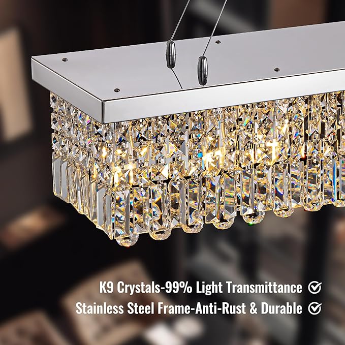 59-inch Modern Crystal Chandelier,13-Light K9 Crystal Rectangle Chandelier for Dining Room,Kitchen Island Adjustable Hanging Pendant Light Fixture,Chrome Finish