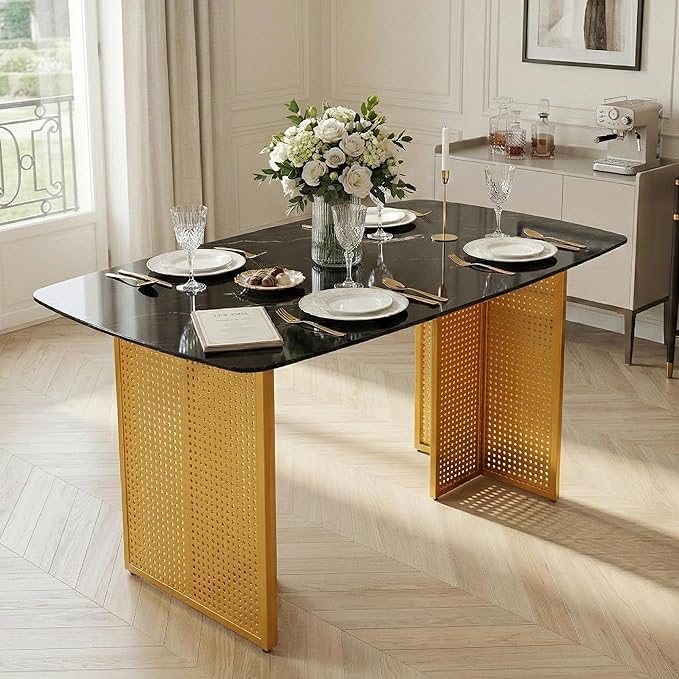 51" Black Marble Dining Table, 4-6 Person Modern Kitchen Dining Room Tables with Marble Pattern Tempered Glass Top and Golden Hollow-Out Metal Base, Space Saving Rectangle Dinner Table for Home