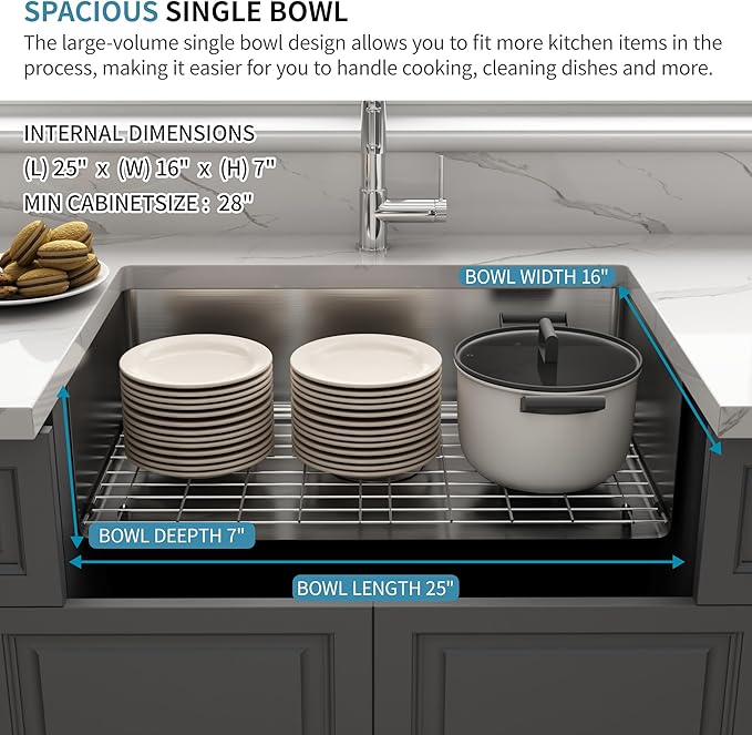 Kitsitchen RV Kitchen Sink 25 Inch, Stainless Steel Undermount Single Bowl Kitchen Sinks, 7 Inch Depth RV Sink with Strainer & Bottom Gird, Outdoor Camper Prep Sinks(25" x 16" x 7")