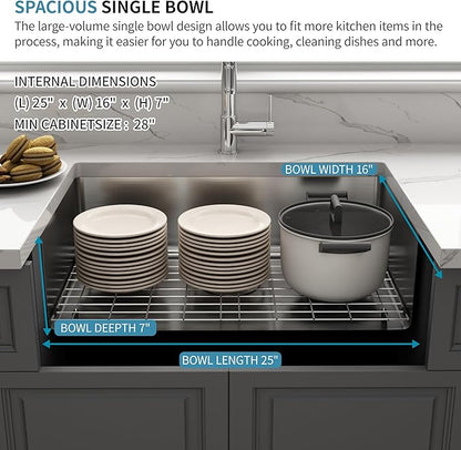 Kitsitchen RV Kitchen Sink 25 Inch, Stainless Steel Undermount Single Bowl Kitchen Sinks, 7 Inch Depth RV Sink with Strainer & Bottom Gird, Outdoor Camper Prep Sinks(25" x 16" x 7")