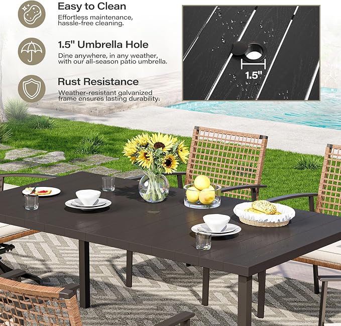 LAUSAINT HOME 7 Pieces Patio Dining Set, Outdoor Furniture Set of 6 Chairs with Soft Cushion and Iron Slats Table Top with Umbrella Hole, Conversation Set for Backyard, Garden and Poolside