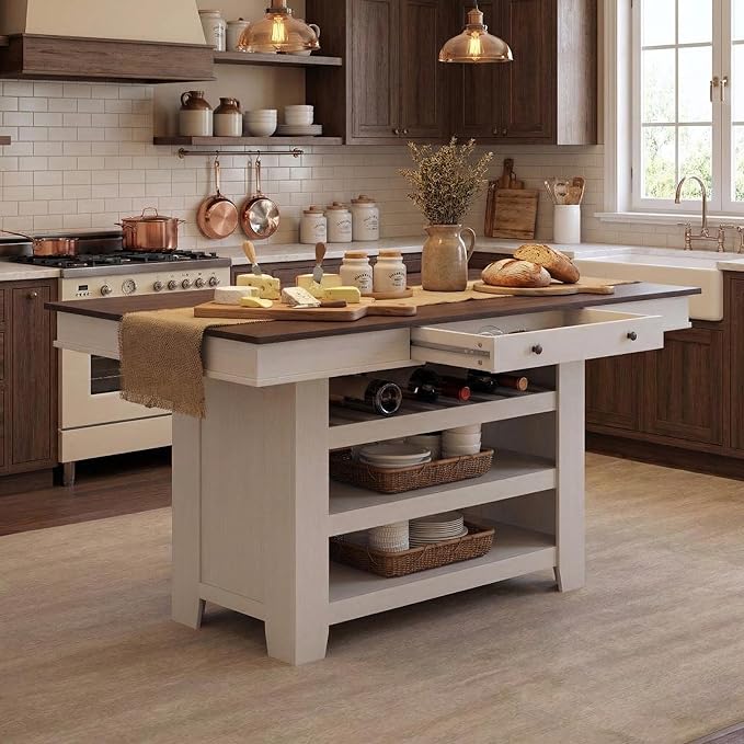 IDEALHOUSE 60" Wood Dining Table for 4-6, Counter Height Kitchen Table with Wine Rack and 2 Drawers, Open Shelves and Sturdy Legs, 4-Tier Stationary Kitchen Island for Dining Room and Kitchen