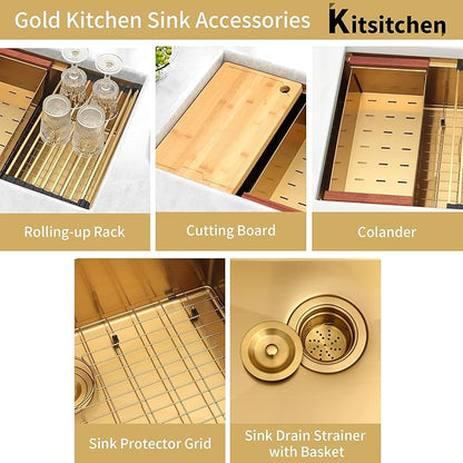 Kitsitchen Gold Kitchen Sink, 32 Inch Gold Undermount Kitchen Sink, 16 Gauge Stainless Steel Undermount Kitchen Sink,10 Inch Deep Single Bowl Kitchen Sinks with Practical Accessories, R10 Round Corner