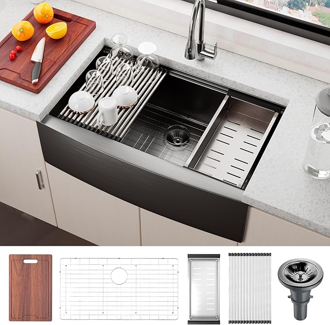 Farmhouse Sink, 33 x 22 Inch Undermount Black Stainless Steel Apron Front Single Bowl 10 Inch Deep Workstation Sink with Cutting Board