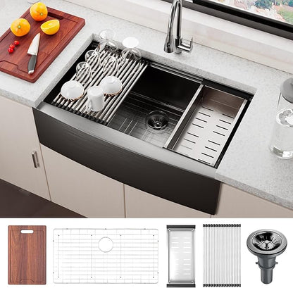 Farmhouse Sink, 33 x 22 Inch Undermount Black Stainless Steel Apron Front Single Bowl 10 Inch Deep Workstation Sink with Cutting Board