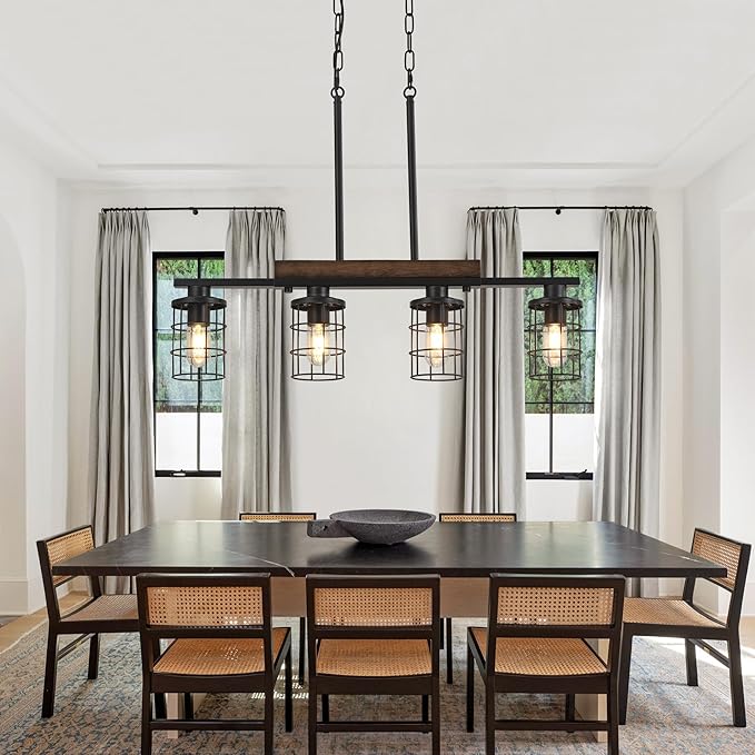 30" Farmhouse Kitchen Light Fixture, Black Hanging Kitchen Chandelier, 4-Light Rustic Dining Room Light Adjustable Height with Wood and Metal Frame, Suit for Farmhouse, Industrial Style