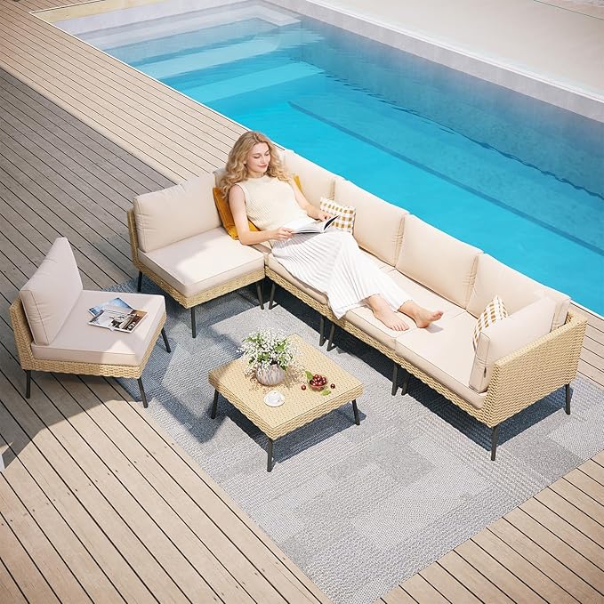 Aoxun Outdoor Patio Furniture Set, 7-Piece Wicker Patio Conversation Set Sectional Sofa with Water Resistant Thick Cushion & Coffee Table for Backyard Porch Poolside, Beige