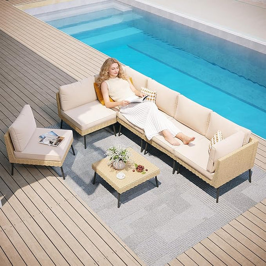 Aoxun Outdoor Patio Furniture Set, 7-Piece Wicker Patio Conversation Set Sectional Sofa with Water Resistant Thick Cushion & Coffee Table for Backyard Porch Poolside, Beige