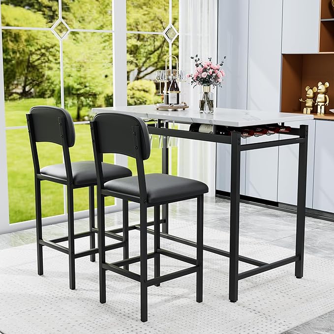 Modern Bar Height Table and Chairs Set - Compact Bar Table and Chairs for 2, Perfect as Small Kitchen Table, Kitchen Island with Seating, or Dining Table with Chairs (Black)