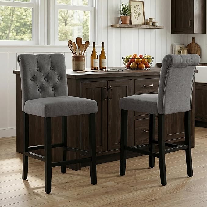 LSSBOUGHT 24 Inches Upholstered Counter Stools, Bar Stools Set of 2, Fabric Counter Stools with Back, Counter Height Bar Chairs with Solid Wood Legs for Home Kitchen Island Dining Room, (2pcs,Grey)