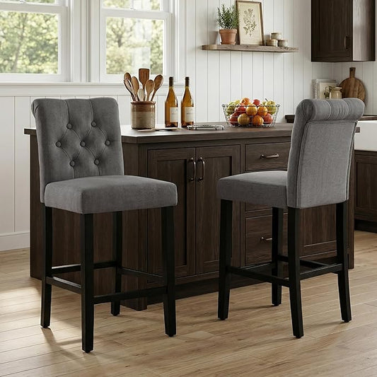 LSSBOUGHT 24 Inches Upholstered Counter Stools, Bar Stools Set of 2, Fabric Counter Stools with Back, Counter Height Bar Chairs with Solid Wood Legs for Home Kitchen Island Dining Room, (2pcs,Grey)