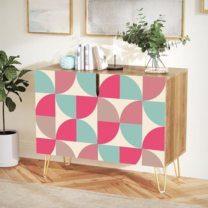 SIGNWIN Sideboard Buffet Cabinet, Kitchen Storage Cabinet with 2 Doors, Pink & Teal Retro Polygon Patternt, Cupboard Console Table for Dining Room - 35" L x 18" W x 29" H