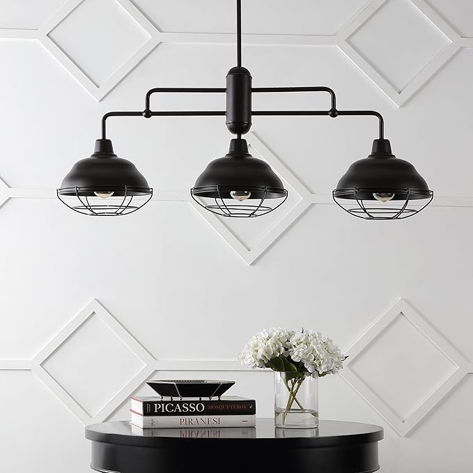 JONATHAN Y 40.5" Oil Rubbed Bronze 3-Light Industrial Farmhouse LED Pendant Light Fixture for Kitchen Island, Dining Room, Adjustable Hanging Ceiling Lamp, Iron Cage Metal Shade (JYL1119A)