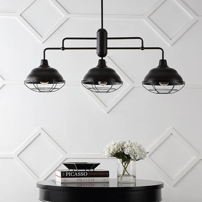 JONATHAN Y 40.5" Oil Rubbed Bronze 3-Light Industrial Farmhouse LED Pendant Light Fixture for Kitchen Island, Dining Room, Adjustable Hanging Ceiling Lamp, Iron Cage Metal Shade (JYL1119A)