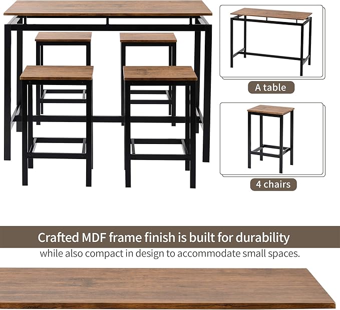 Solid Wood 4-Piece Kitchen DIng Table Set, Counter Height Bar Table Set with 3 Stools and Storage Shelves, Perfect for Home, Kitchen, Living Room (Brown-1)