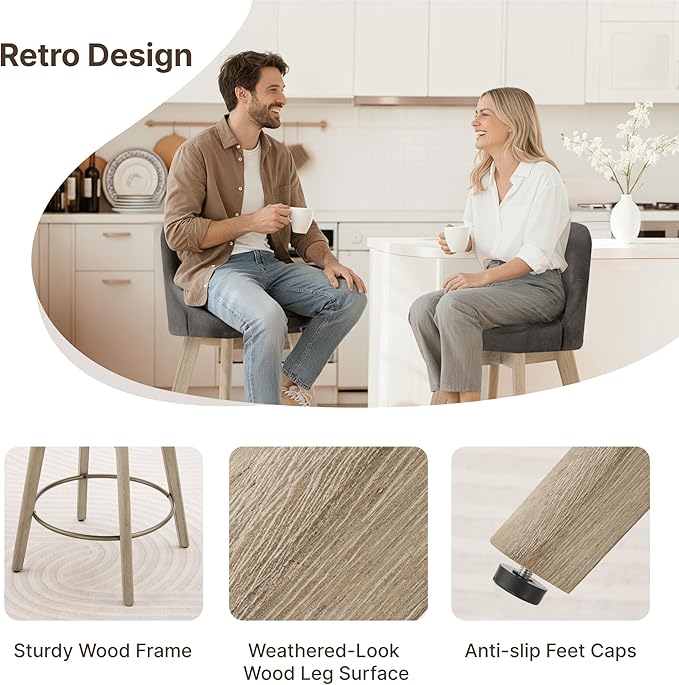 Counter Height Bar Stools Set of 4, Modern Swivel Barstools with Back and Wood Legs, Fabric Upholstered Bar Chairs, 26" Seat Height Counter Stools for Kitchen Island,Grey