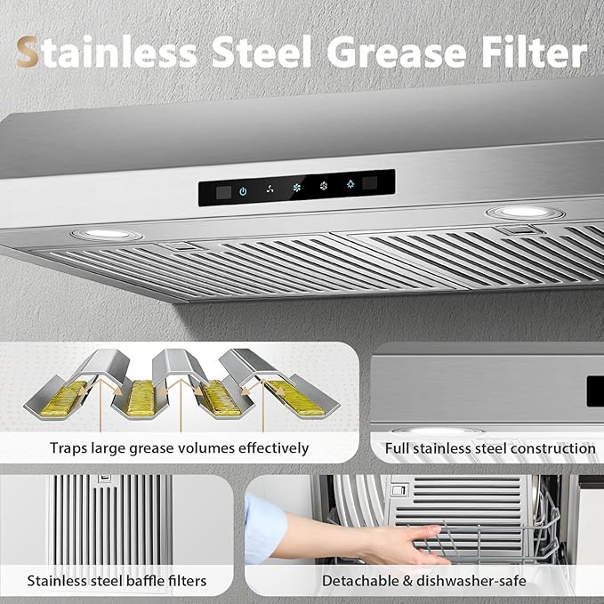 Range Hood 30 inch Under Cabinet, 800 CFM Stainless Steel Range Hood with Gesture and Touch Control, kitchen hood with Carbon Filter, 3 Fan Speed, Ducted/Ductless Convertible