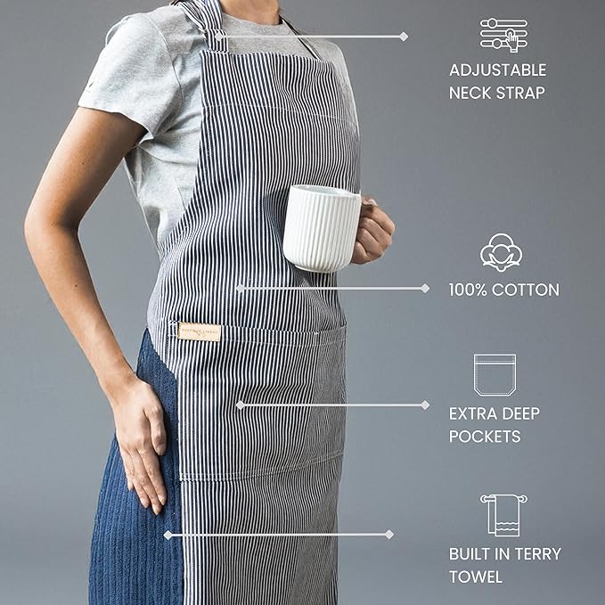 100% Cotton Kitchen Apron with 2 Pockets – Adjustable Chef Apron for Cooking Baking BBQ – Unisex Apron