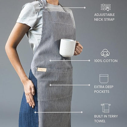 100% Cotton Kitchen Apron with 2 Pockets – Adjustable Chef Apron for Cooking Baking BBQ – Unisex Apron