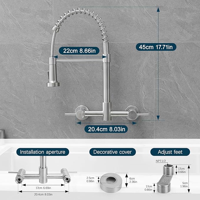 AIMADI Wall Mount Kitchen Faucets, 8-Inch Center Wall Mount Kitchen Sink Faucet with Pull-Down Sprayer,Modern Stainless Steel Design Double Lever Control