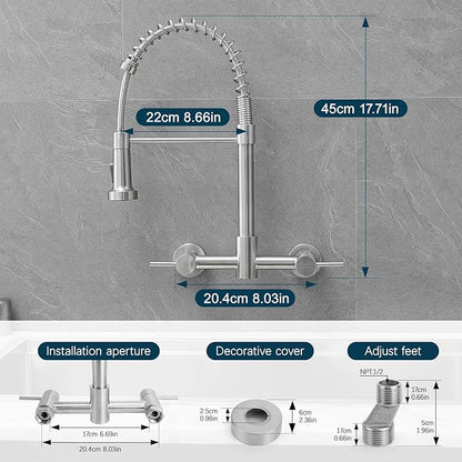 AIMADI Wall Mount Kitchen Faucets, 8-Inch Center Wall Mount Kitchen Sink Faucet with Pull-Down Sprayer,Modern Stainless Steel Design Double Lever Control