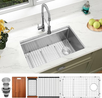 Undermount Kitchen Sink 28 inch,16 gauge Stainless Steel Workstation Sink,Deep and Large Single Bowl Kitchen Sinks Offset Drain (28" X 18")