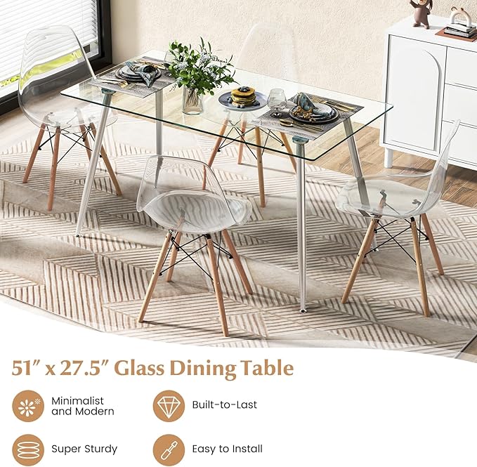 Moccha 51” Glass Dining Table, Modern Rectangular Table with Spacious Tempered Glass Tabletop & Sliver Metal Legs, Adjustable Foot Pads, Transparent Kitchen Table for Home Office
